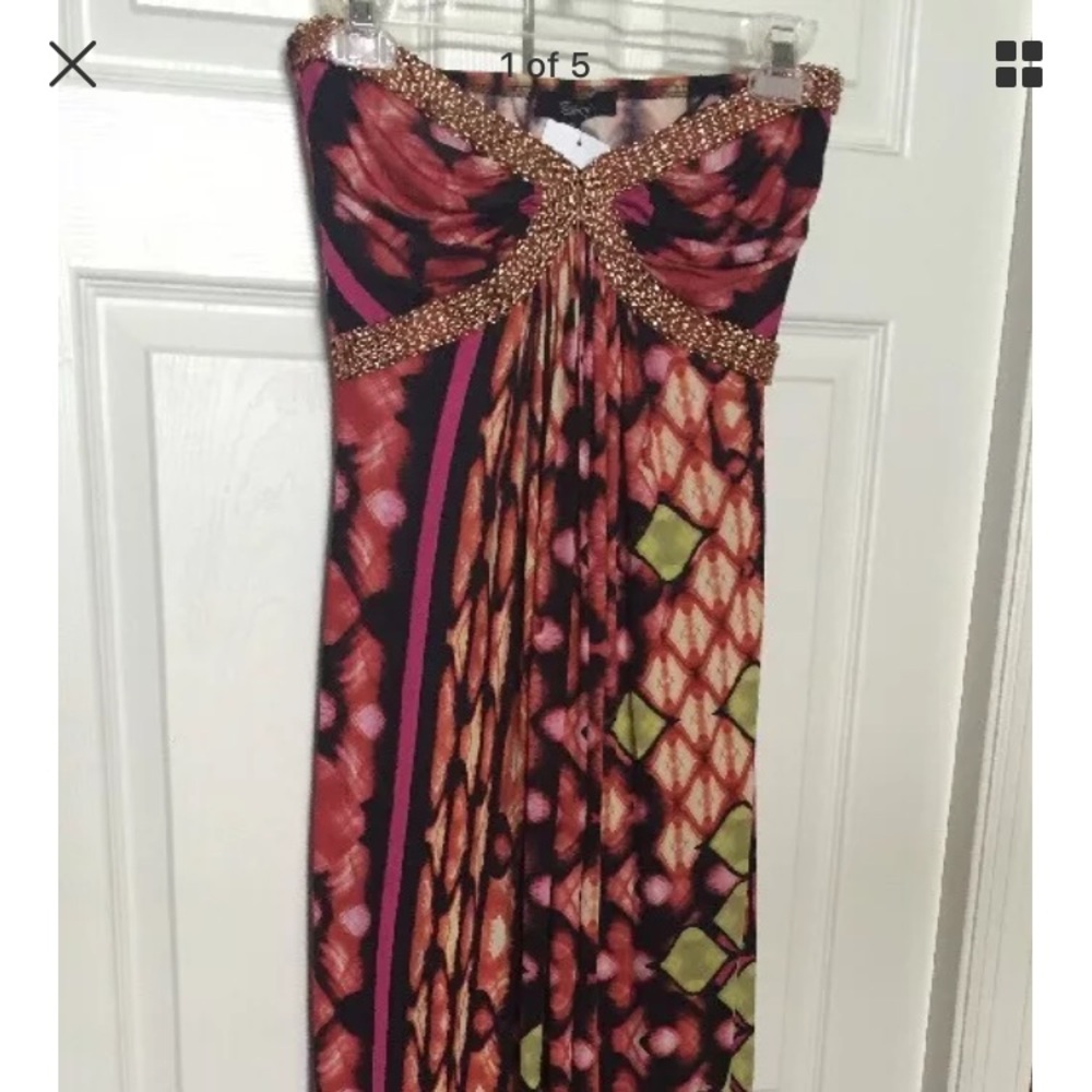 Sky Strapless Multicolor Beaded Empire Maxi Dress